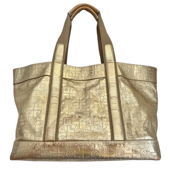 Tory Burch Golden Metallic Travel Tote Bag leather embossed logo lined - Picture 2 of 16